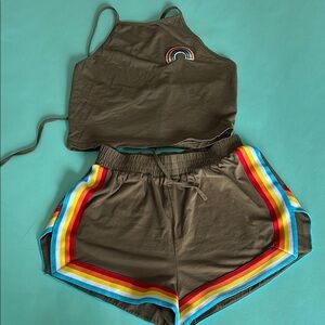 Retro Olive Rainbow Trim Women's Short and Halter Set